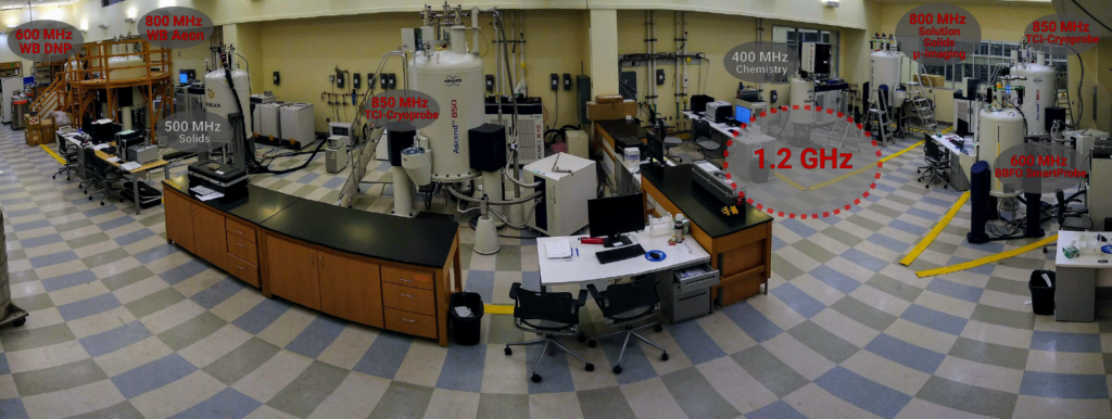 View of CCIC NMR suite in basement of CBEC, annotated with the location of existing NMR spectrometers and the dedicated space for the Instrument